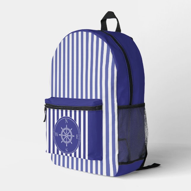 Blue/white stripped compass printed backpack (Back Corner Right)