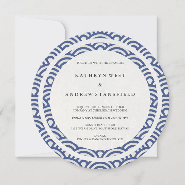 Blue + White Stylised Waves Elegant Beach Wedding Invitation (Front)