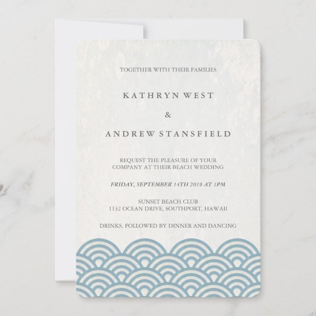 Blue + White Stylised Waves Elegant Beach Wedding Invitation (Front)