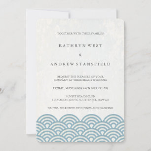 Blue + White Stylised Waves Elegant Beach Wedding Invitation