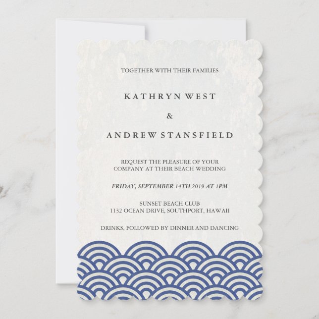 Blue + White Stylised Waves Elegant Beach Wedding Invitation (Front)