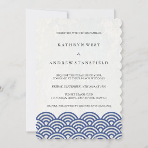 Blue + White Stylised Waves Elegant Beach Wedding Invitation