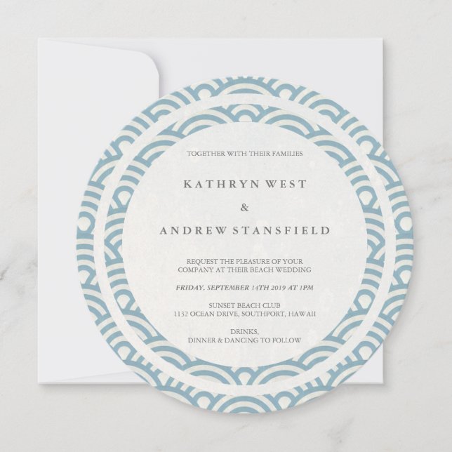 Blue + White Stylised Waves Elegant Beach Wedding Invitation (Front)