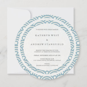 Blue + White Stylised Waves Elegant Beach Wedding Invitation