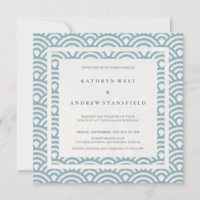 Blue + White Stylised Waves Elegant Beach Wedding Invitation (Front)