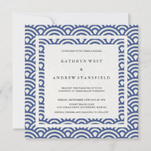 Blue + White Stylised Waves Elegant Beach Wedding Invitation