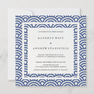 Blue + White Stylised Waves Elegant Beach Wedding Invitation