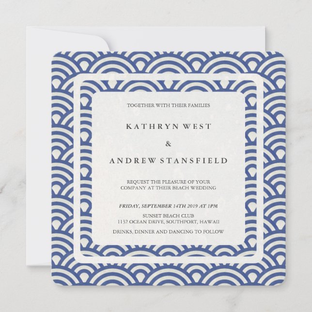 Blue + White Stylised Waves Modern Beach Wedding Invitation (Front)