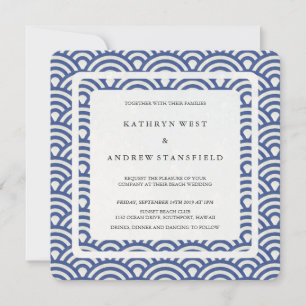 Blue + White Stylised Waves Modern Beach Wedding Invitation