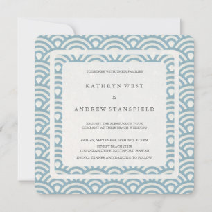 Blue + White Stylised Waves Modern Beach Wedding Invitation