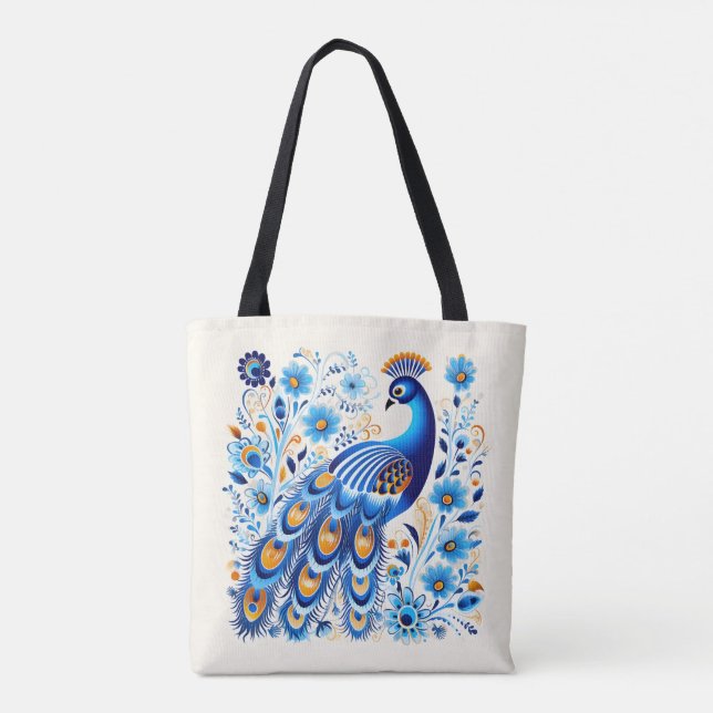 Blue White Stylish Trendy Informal Causal Floral  Tote Bag (Back)