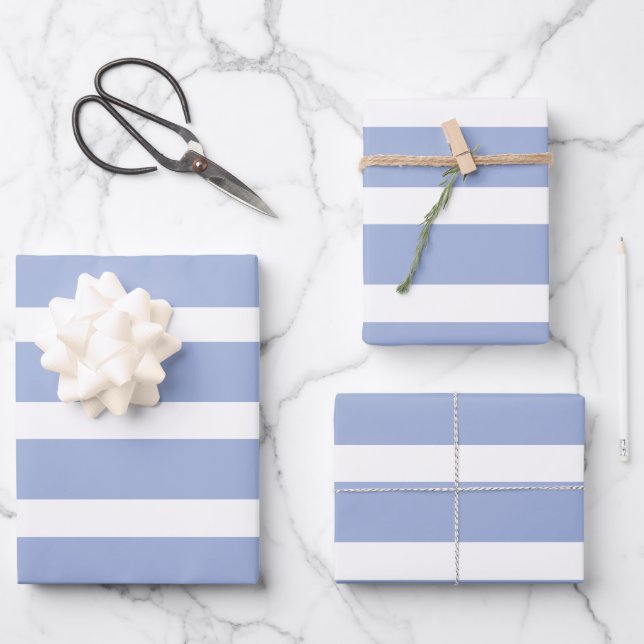 Blue White Summer Coastal Stripe Pattern Wrapping Paper Sheet (Front)