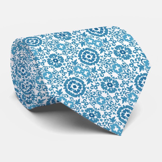 Blue & White Swirl Floral Pattern Tie (Rolled)