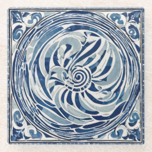 Blue White Swirl Pattern 02 Glass Coaster