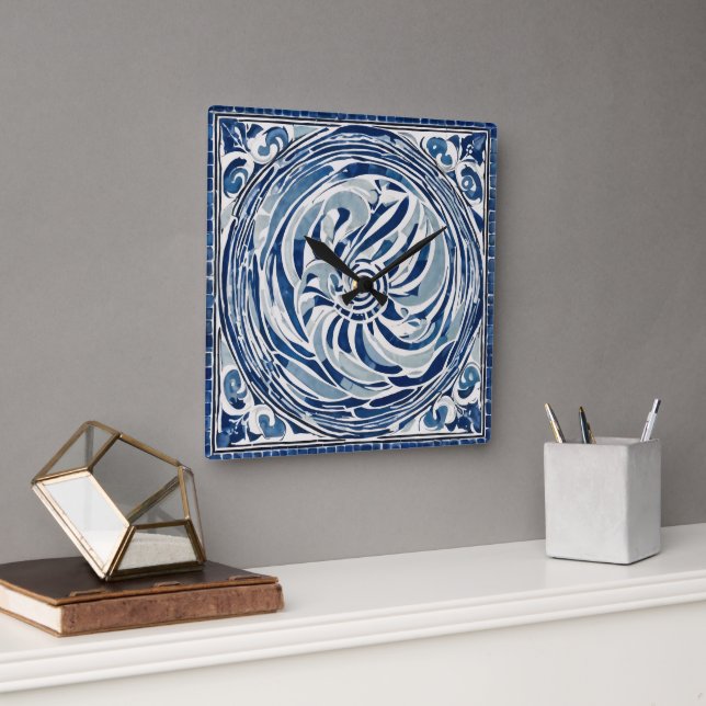 Blue White Swirl Pattern 02 Square Wall Clock (Office)