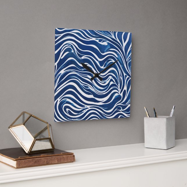 Blue White Swirl Pattern 06 Square Wall Clock (Office)
