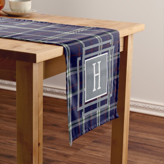Blue white Tartan Monogram  Short Table Runner (In Situ)