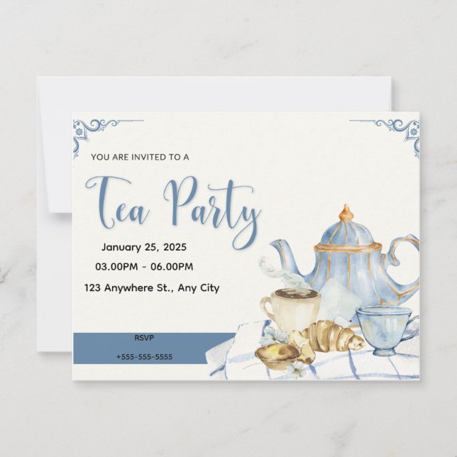 Blue & White Tea Party Invitation (Front)