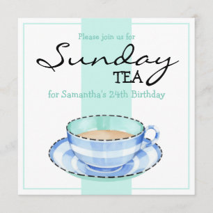 Blue White Teacup white green Birthday Invitation
