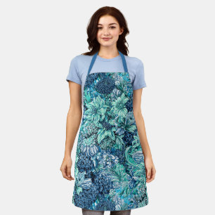 Blue White Teal Garden Flowers Pattern Apron