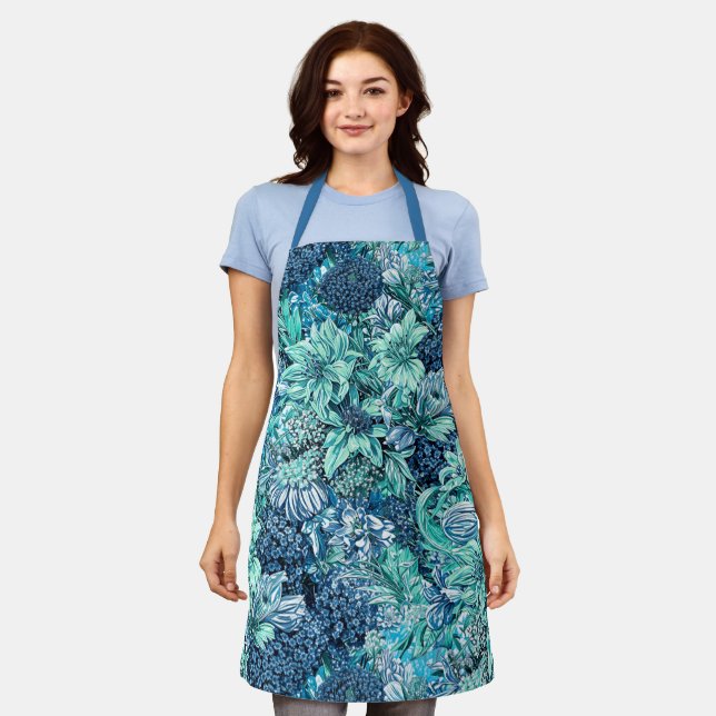 Blue White Teal Garden Flowers Pattern Apron (Worn)