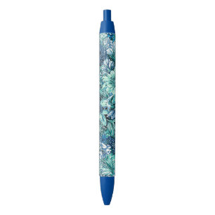 Blue White Teal Garden Flowers Pattern Ink Pen