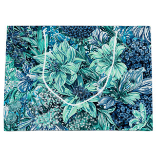 Blue White Teal Garden Flowers Pattern Large Gift Bag
