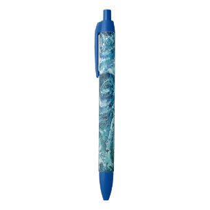 Blue White Teal Sea Waves Splash Abstraction Ink Pen
