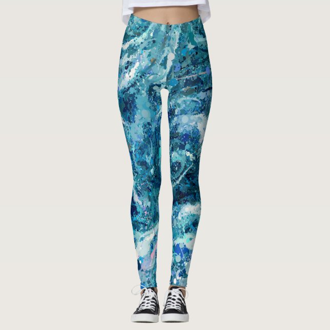 Blue White Teal Sea Waves Splash Abstraction Leggings (Front)