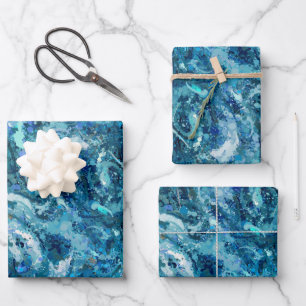 Blue White Teal Sea Waves Splash Abstraction Wrapping Paper Sheet