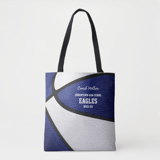 blue white team colours basketball coach tote bag (Front)
