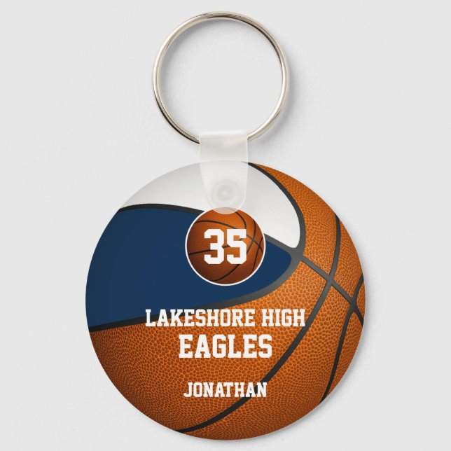 Blue white team colours boys' basketball gifts key ring (Front)