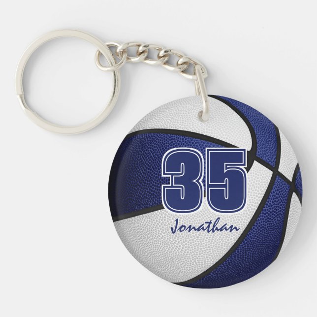 Blue white team colours boys girls basketball key ring (Front)