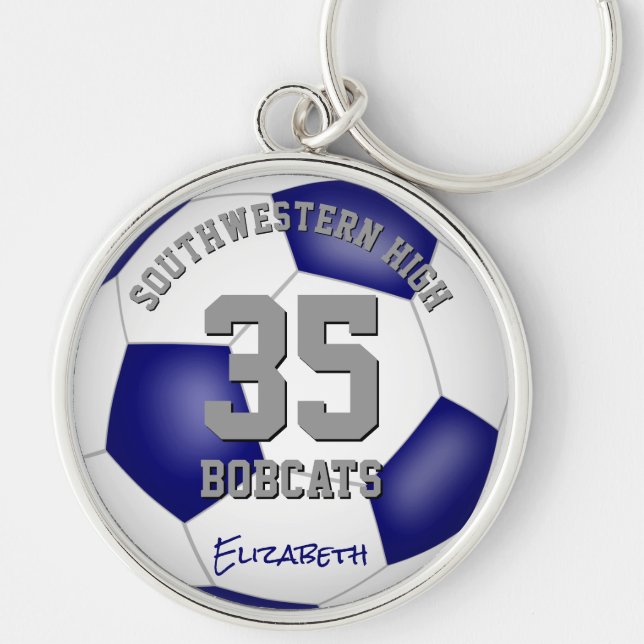 blue white team colours girls boys name soccer key ring (Front)