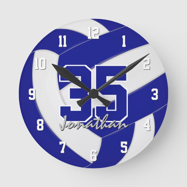 blue white team colours personalised volleyball round clock (Front)