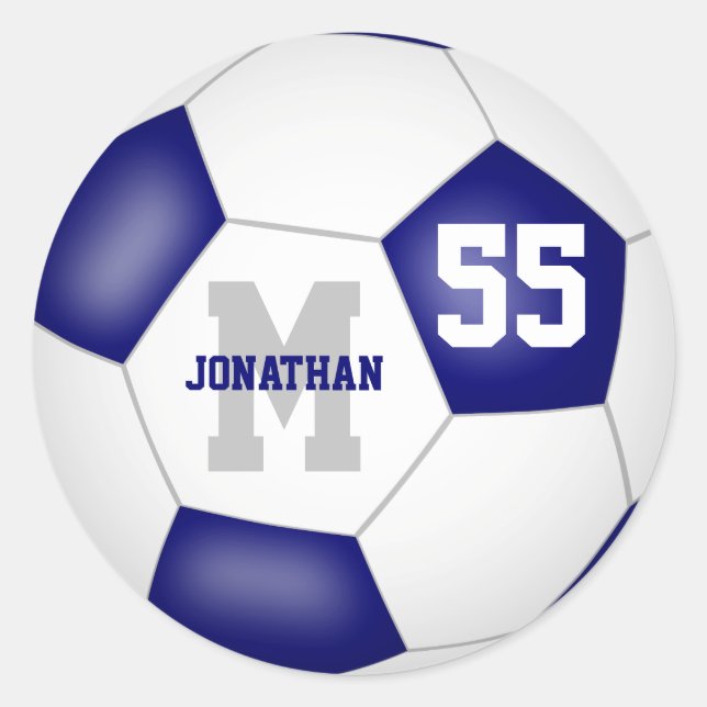 blue white team colours soccer ball personalised classic round sticker (Front)