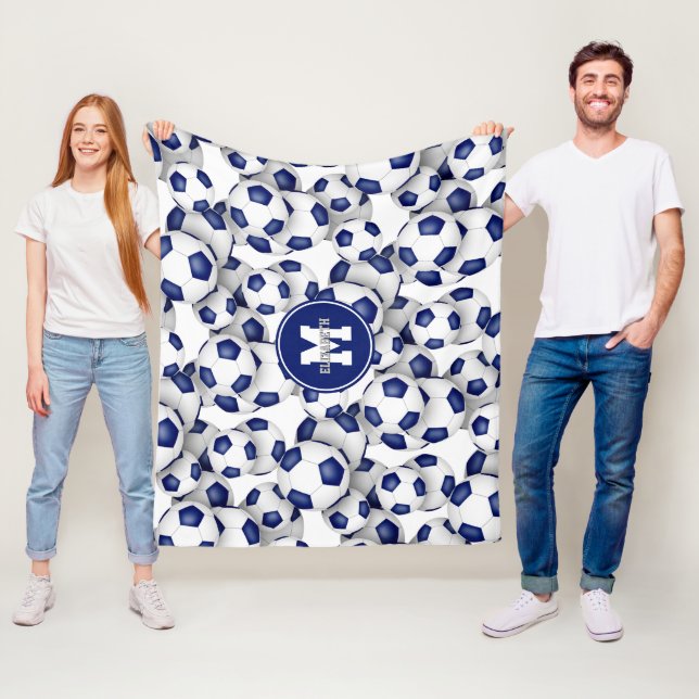 blue white team colours soccer balls pattern fleece blanket (In Situ)