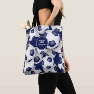 blue white team colours soccer coach name tote bag