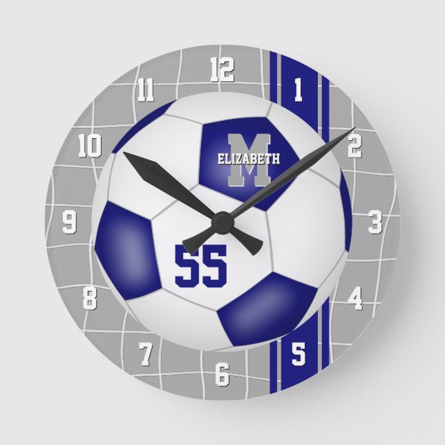blue white team colours varsity stripes soccer round clock (Front)