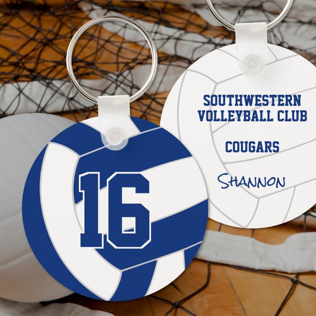 blue white team colours volleyball player key ring (Volleyball team colors keyring - blue & white - front & back views)