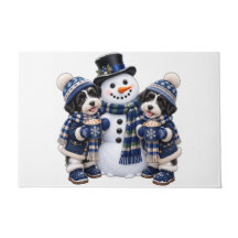 Blue&White Terriers Having Hot Cocoa with Snowman