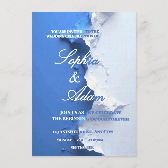 Blue & White Textured Art Wedding Invitation  (Front)
