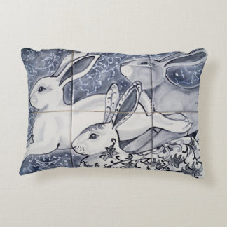 Blue White Three Hare Rabbit Chinoiserie Tile Art Decorative Cushion