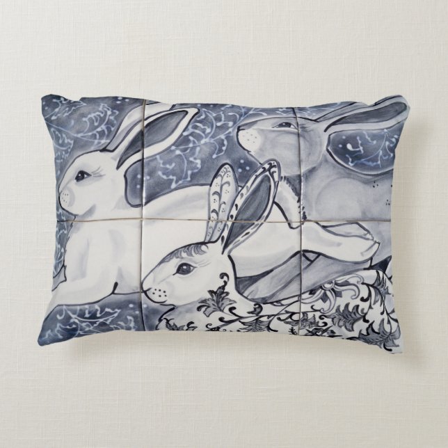 Blue White Three Hare Rabbit Chinoiserie Tile Art Decorative Cushion (Back)