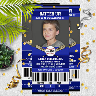 Blue|White Ticket Style Baseball Birthday Party Invitation