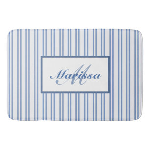 Blue White Ticking Stripes  Farmhouse Monogrammed  Bath Mat