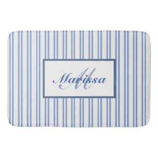 Blue White Ticking Stripes Farmhouse Monogrammed Bath Mat