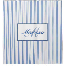 Blue White Ticking Stripes Farmhouse Monogrammed
