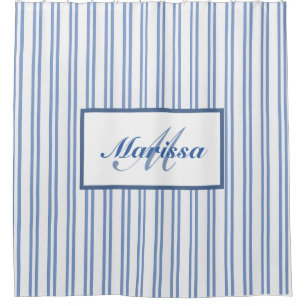 Blue White Ticking Stripes  Farmhouse Monogrammed Shower Curtain