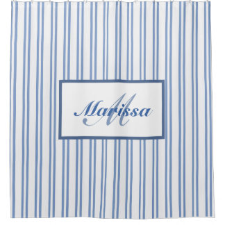 Blue White Ticking Stripes Farmhouse Monogrammed Shower Curtain